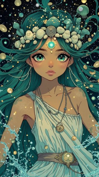 Таинственная греческая нимфа: плетение водной магии и древних рун в ночи. Изображение из нейросети Flux Ai