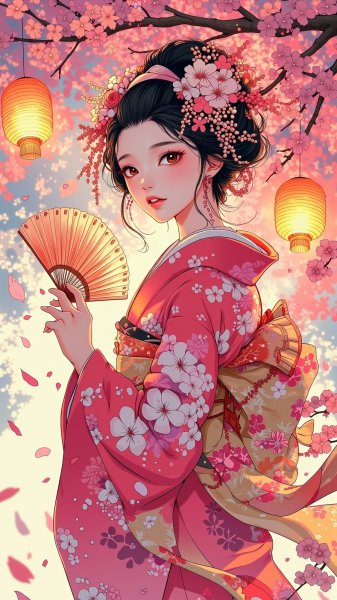 Гейша среди сакуры: нежность традиций и волшебство мгновения. Генерация из нейросети Flux 1