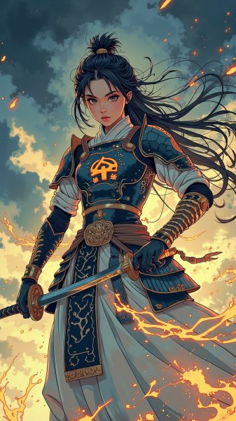 Воинственная самурайка под грозным небом. Нейросеть Flux