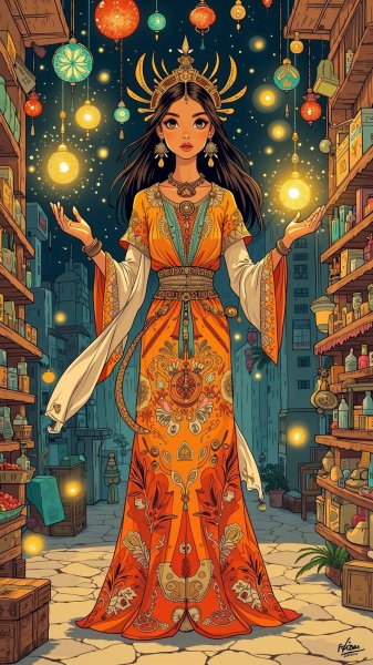 Загадочная красавица в марокканском кафтане: танец света и удачи на базаре. Генерация из нейронной сети Flux 1
