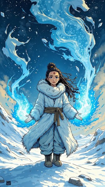 Могучая инуитка: ледяная магия наследия в чернильном рисунке. Картинка из нейронной сети Flux Ai