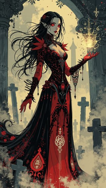 Вампирша в черном: танец теней и древней магии над кладбищем. Нейронная сеть Flux