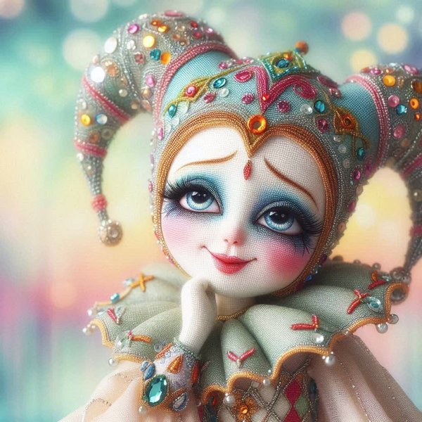 Изящная вышивка: очаровательная кукла арлекина в стиле модерн. Картинка из нейросети Dalle-3
