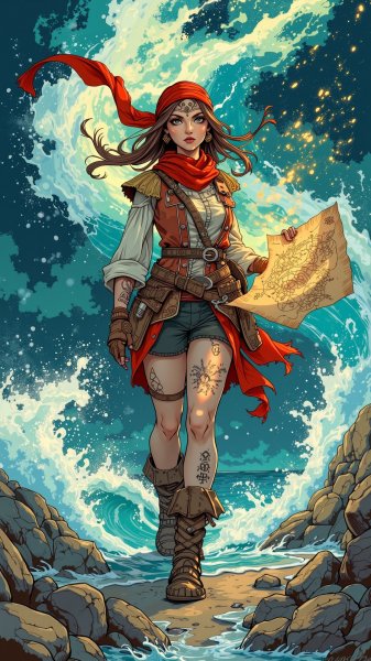 Пиратка с сокровищной картой и морской магией. Нейронная сеть Flux 1
