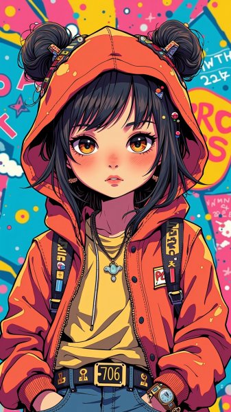 Яркая уличная мода: дерзкий образ с граффити и гипертрофированными эмоциями. Изображение из нейронной сети Flux.1