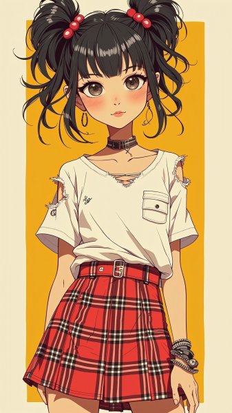 Яркий бунтарский стиль: девушка в рваной футболке и клетчатой юбке на фоне цветного бэкграунда. Изображение из нейросети Flux Ai