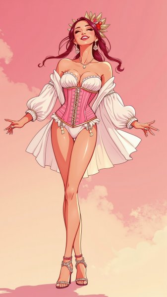 Яркая красотка в роскошном корсете и аксессуарах на розовом фоне. Генерация из нейросети Flux