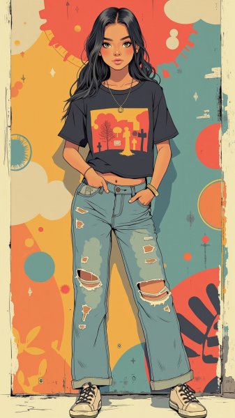 Непринужденный шик: девчонка в футболке и мом-джинсах на ярком фоне. Генерация из нейросети Flux Ai