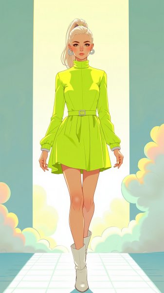 Неоновый шик: модель в лимонном платье и белых ботинках на подиуме. Генерация из нейронной сети Flux.1