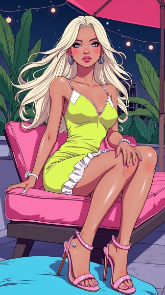 Блондинка в неоновом платье: вечернее великолепие на крыше. Нейронная сеть Flux Ai