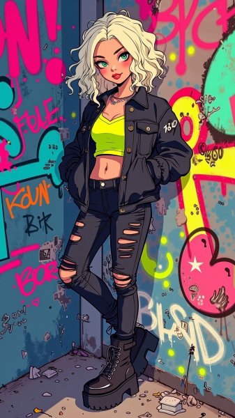 Стильная гранж: дерзкий образ с яркими акцентами и граффити фоном. Генерация из нейросети Flux Ai