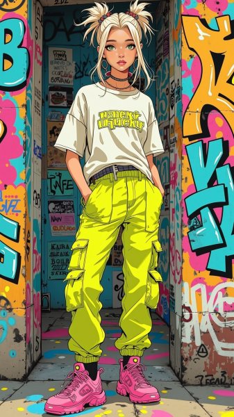 Уличный стиль: яркая девушка на фоне граффити и городская мода. Картинка из нейронной сети Flux