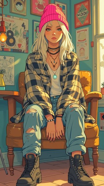 Гранж-шик: стильная девушка в винтажном кафе с ярким акцентом на деталях образа. Изображение из нейросети Flux Ai