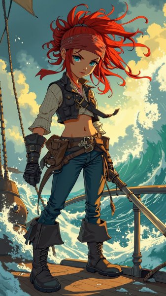 Пиратка на палубе: буря, море и стальная воля к свободе. Картинка из нейросети Flux.1