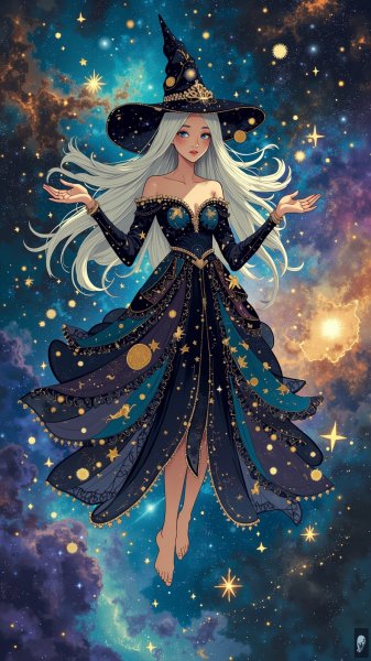 Космическая ведьма: танец звёзд в мерцающем пространстве вселенной. Картинка из нейронной сети Flux 1