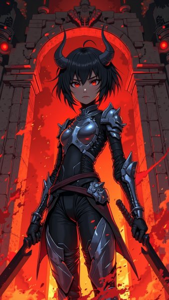 Демон-охотница в тени древнего храма: готовность к битве и сила духа. Картинка из нейронной сети Flux Ai