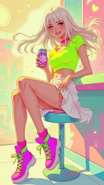 Яркая девушка в неоновом стиле и пастельных тонах наслаждается напитком. Картинка из нейронной сети Flux.1