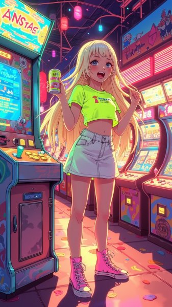 Девушка в неоновом свете: радость и ретро-игры под яркими огнями аркады. Изображение из нейросети Flux Ai