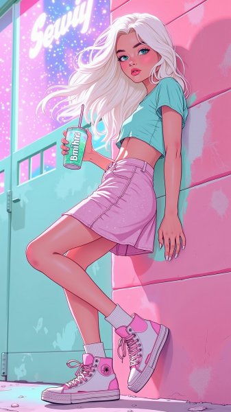 Нежная мечта в мятно-розовом: городской шик и безмятежность. Картинка из нейросети Flux Ai