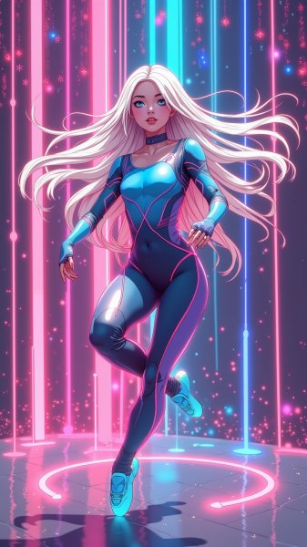 Элегантность и неоновый блеск в мире киберпанка. Изображение из нейросети Flux Ai
