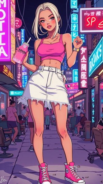 Неоновая мода: уверенность и стиль на улицах города. Изображение из нейросети Flux.1