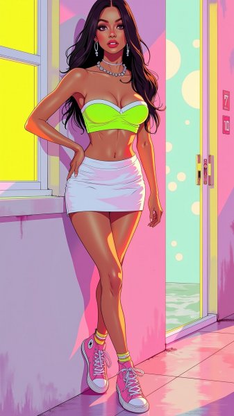 Неоновый шик: бимбо в стильном образе для модной съемки. Изображение из нейронной сети Flux 1