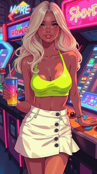 Сияние неоновых огней и безупречная фигура в ретро-атмосфере аркады. Генерация из нейросети Flux.1