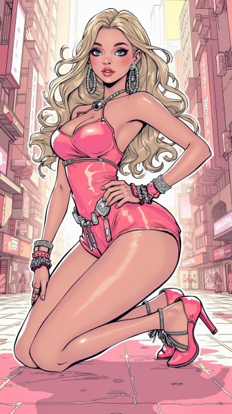 Богиня с изогнутыми бедрами в розовом платье. Генерация из нейронной сети Flux Ai