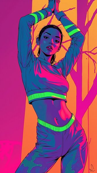 Неоновый глямур: фитнес-стиль в ярких акцентах и модной позе. Нейросеть Flux 1