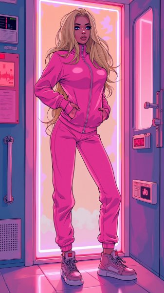 Яркая блондинка в розовом спортивном костюме и кроссовках демонстрирует привлекательность. Нейросеть Flux 1