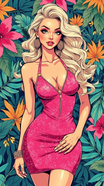 Яркая красотка в розовом: воплощение гламура и тропической вечеринки. Изображение из нейросети Flux Ai