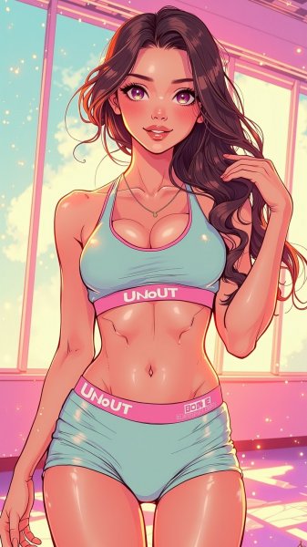 Яркая фитнес-энергия: привлекательный силуэт в светлом зале. Изображение из нейросети Flux 1