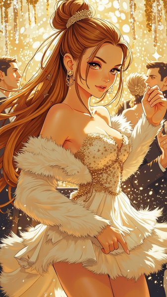 Вечерний блеск: миниплатье и сияние бриллиантов в танце. Изображение из нейросети Flux 1
