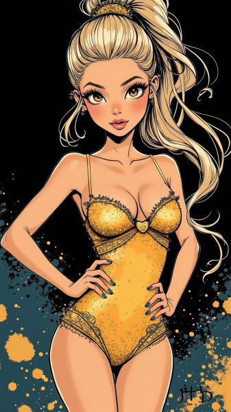 Роскошная красотка в мини-платье: яркий образ и таинственный фон. Картинка из нейронной сети Flux Ai