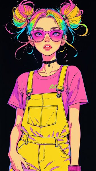 Яркая девушка в неоновых цветах и необычном макияже: цифровой скетч. Изображение из нейросети Flux Ai