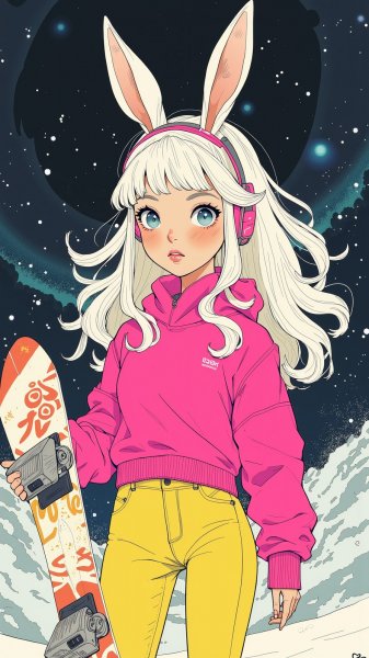 Девушка сноуборд футуристический образ яркие краски и неоновый стиль. Изображение из нейронной сети Flux.1