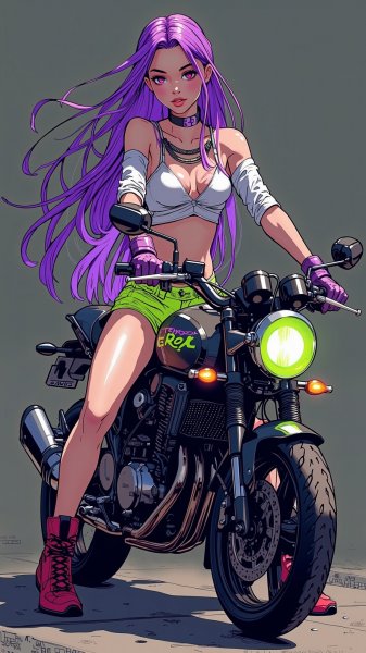 Неоновая красотка на мотоцикле: иллюстрация в стиле ink drawing с драматичным фоном. Картинка из нейронной сети Flux Ai