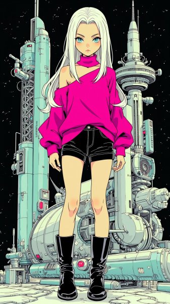 Девушка у космической станции: неоновый образ будущего в чернилах. Картинка из нейронной сети Flux 1