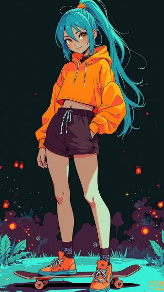 Девушка на скейтборде: неоновый бунт и дерзкий стиль. Нейронная сеть Flux Ai