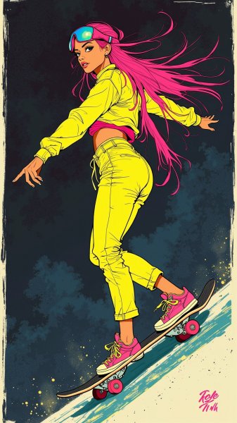 Яркая девушка на скейтборде в неоновом стиле и динамичной атмосфере. Генерация из нейросети Flux.1