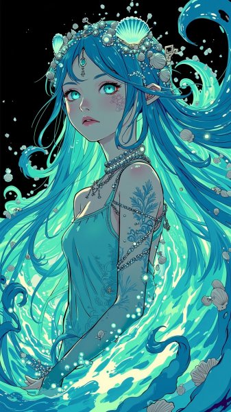 Волшебница вод: Неоновое пророчество в сиянии океана и серебра. Изображение из нейронной сети Flux Ai