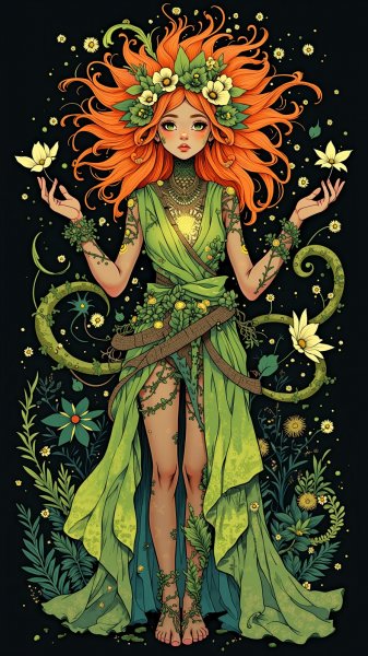 Лесная друидесса: таинственная магия природы и яркий призыв сил стихий в завораживающем рисунке. Нейросеть Flux 1