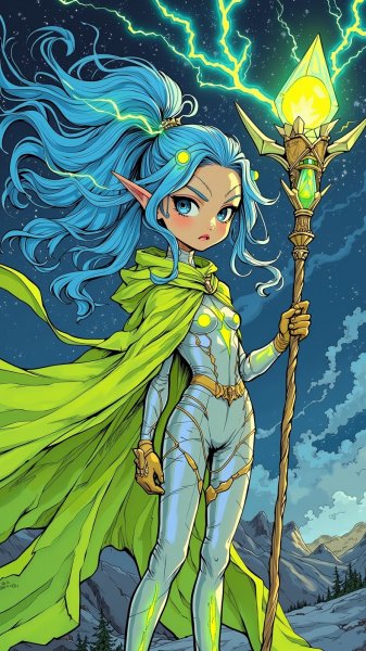 Загадочная колдунья бури: электричество в волосах и взгляде. Картинка из нейросети Flux