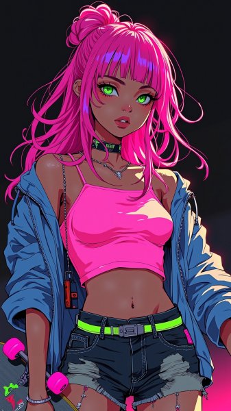 Неоновый бунт: девчонка на скейте в кислотных тонах и дерзком стиле. Нейросеть Flux 1