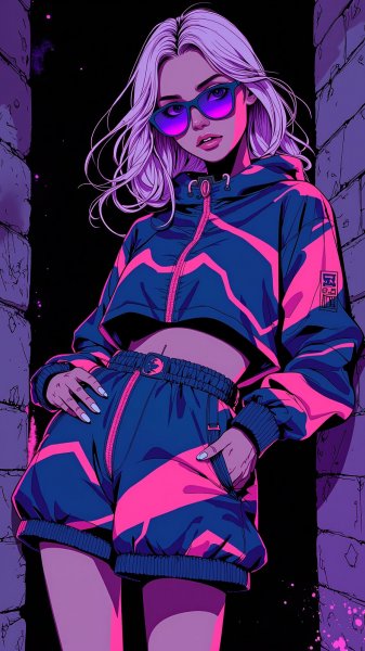 Неоновая красотка в ультрафиолетовых бликах и кислотных оттенках. Генерация из нейросети Flux.1