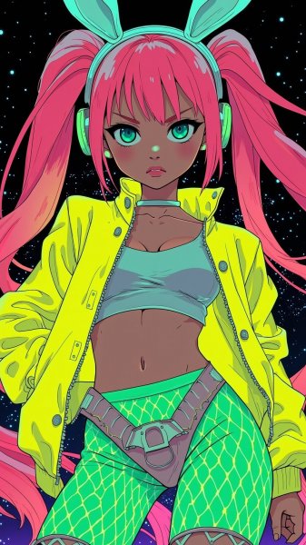 Яркая девушка в кислотном стиле: неоновый взгляд и бунтарский образ. Изображение из нейросети Flux