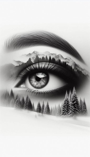 Зимняя загадка: глаза в снежных горах и тихой чаще леса. Картинка из нейросети Далли 3