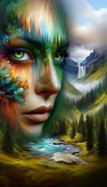 Загадочный взгляд: умиротворение в лесных тонах и горной дымке. Изображение из нейросети Dalle 3