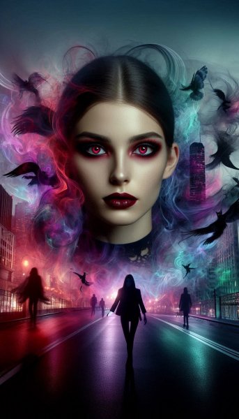 Рубиновые глаза и городские призраки: двойная экспозиция в стиле Адамса и Кусамы. Картинка из нейросети Dalle-3