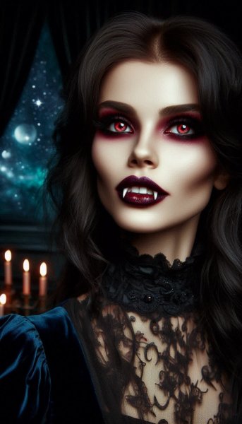 Загадочная вампирша в винтажном образе и звездном танце. Изображение из нейросети Dalle